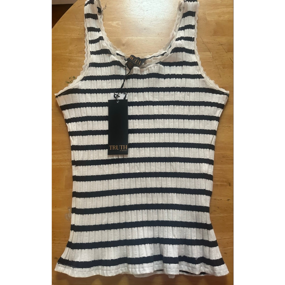 Truth by Republic M Striped Ribbed Tank Top women's White Black stretch - Picture 10 of 11